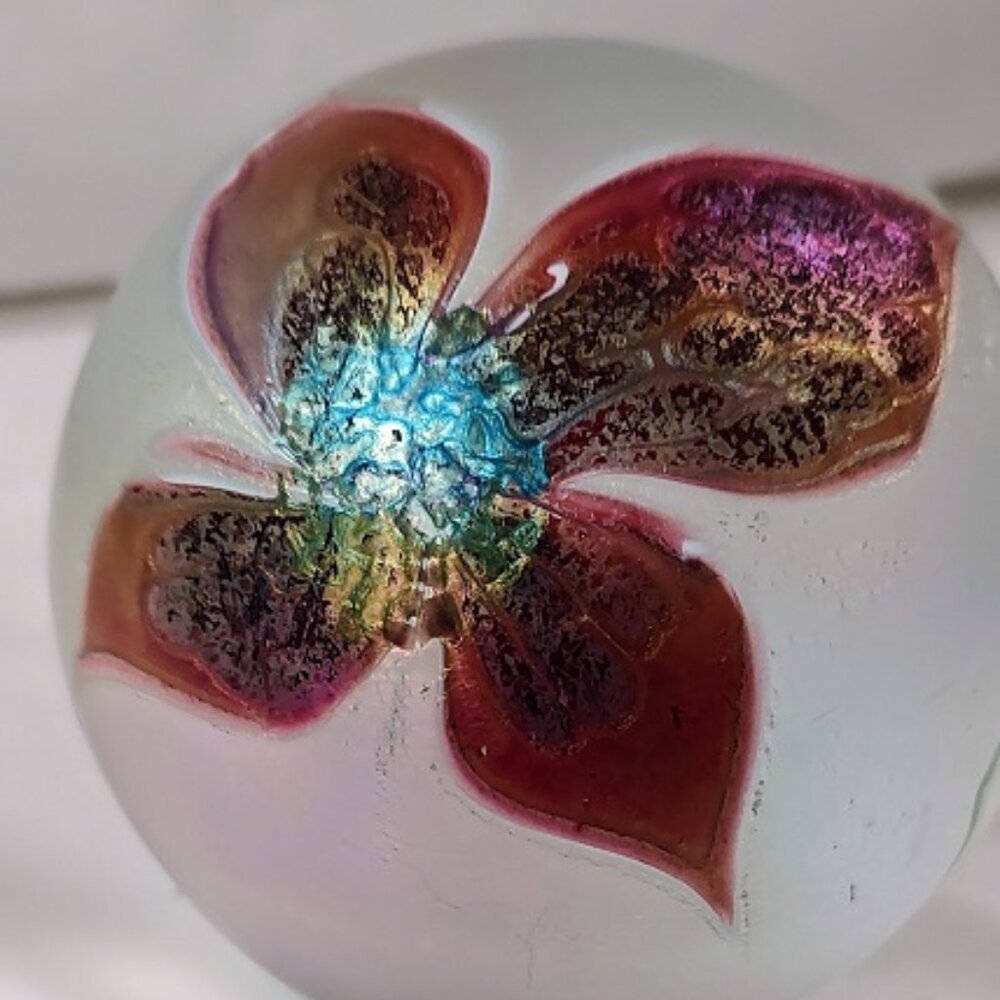 Glasshouse Paperweight Hand-Blown Art Glass Iridescent Flower Signed Mark Monson